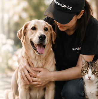 Rescued pets beside a RescueLink support panel
